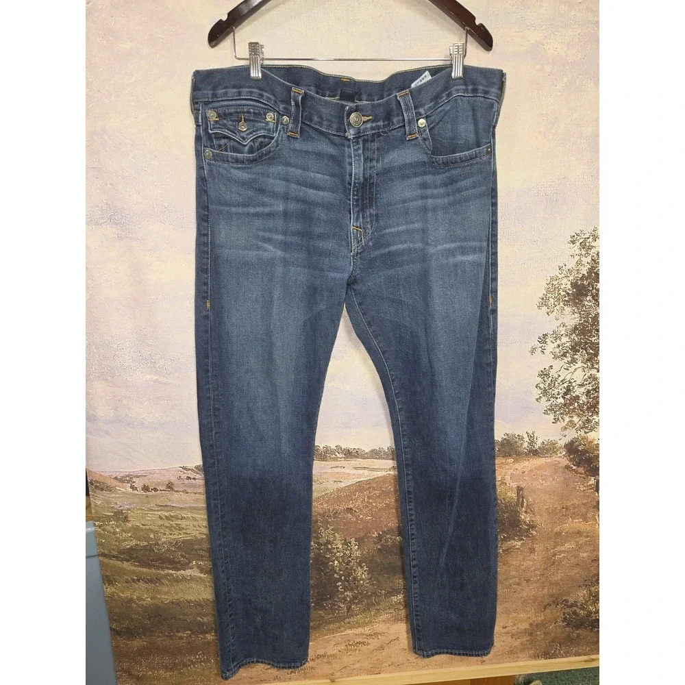 True Religion World Tour Straight Leg Blue Jeans with Flaps Men's 36x33